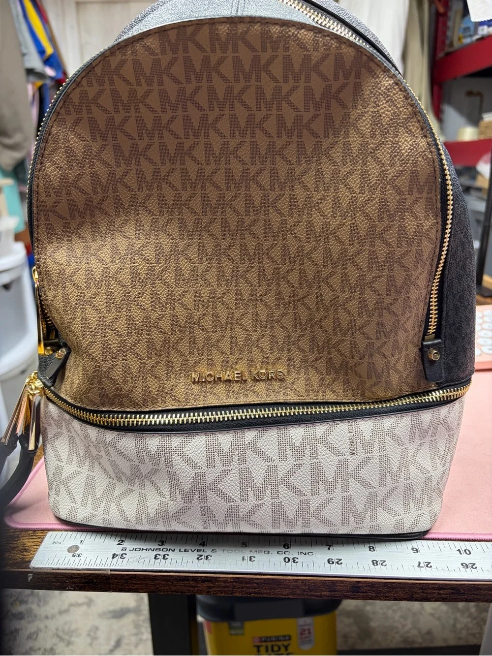 Michael Kors Rhea Browns & White MK Signature mini Dome Backpack